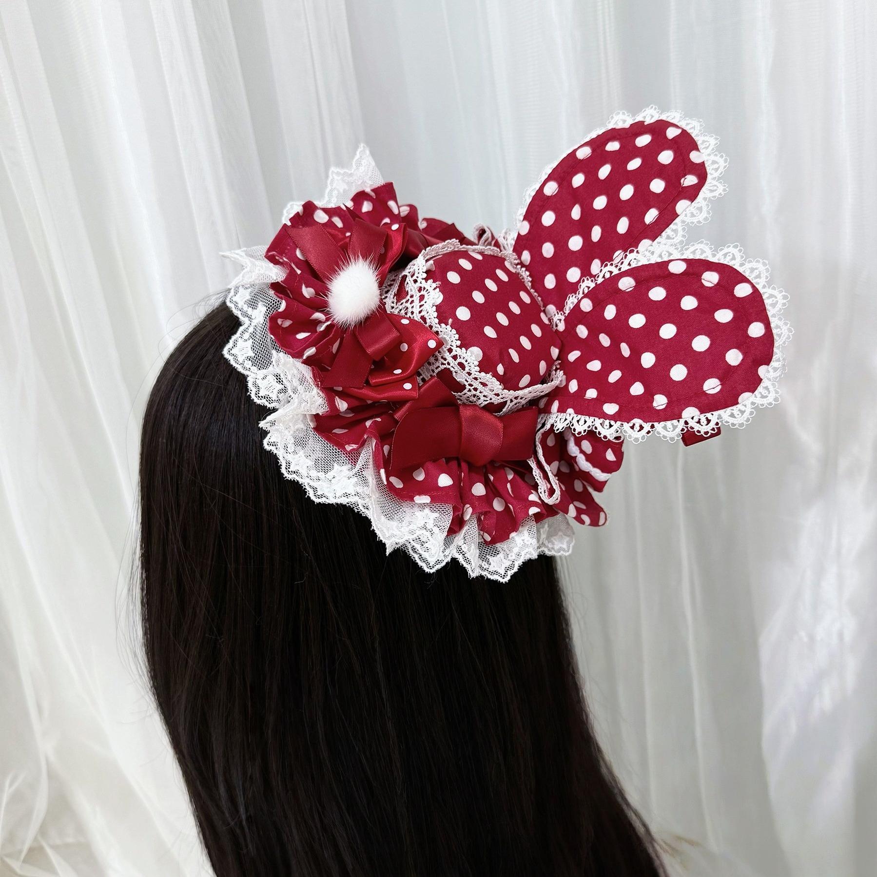Kawaii Lolita Bunny Ear Hat, Plaid & Polka Dot Styles Red Polka Dot Hat Only
