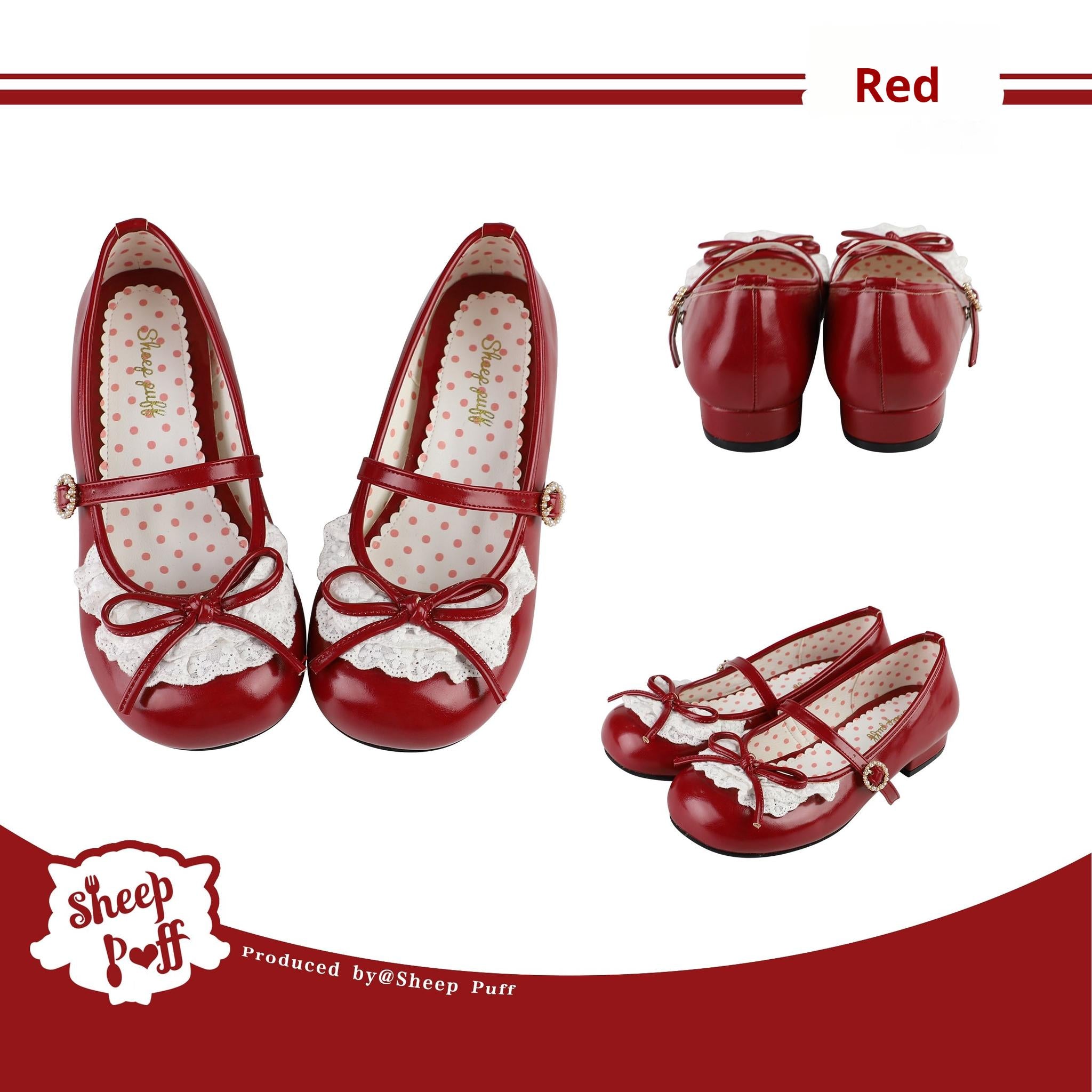 Sheep Puff - Young Layla - Vintage Lolita Shoes Low Heel Butterfly Shoes 34 Red - low heels