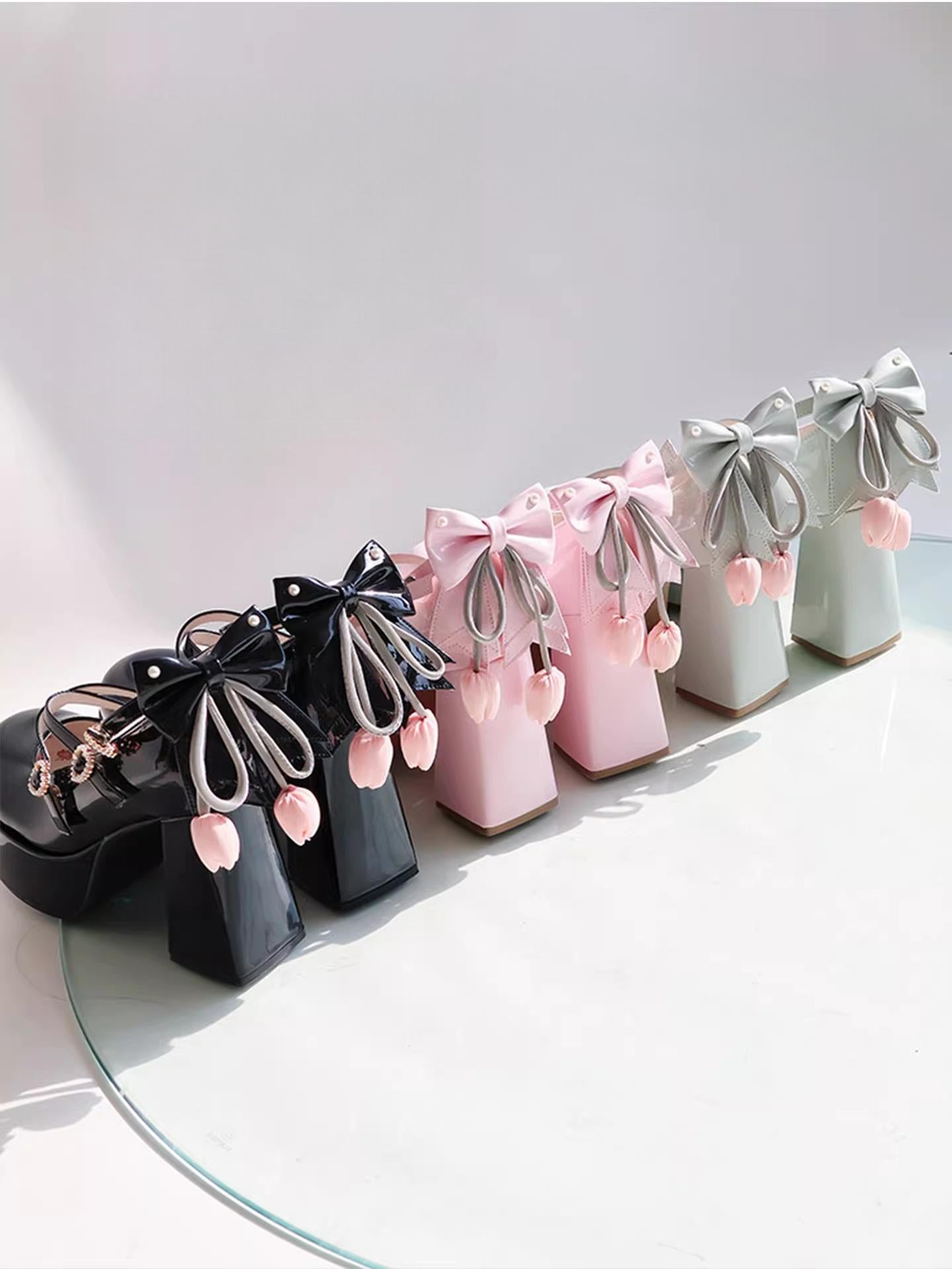 Whispering Tulip - Classic Lolita Heel Shoes, Detachable Tulip Bow 44633:816569