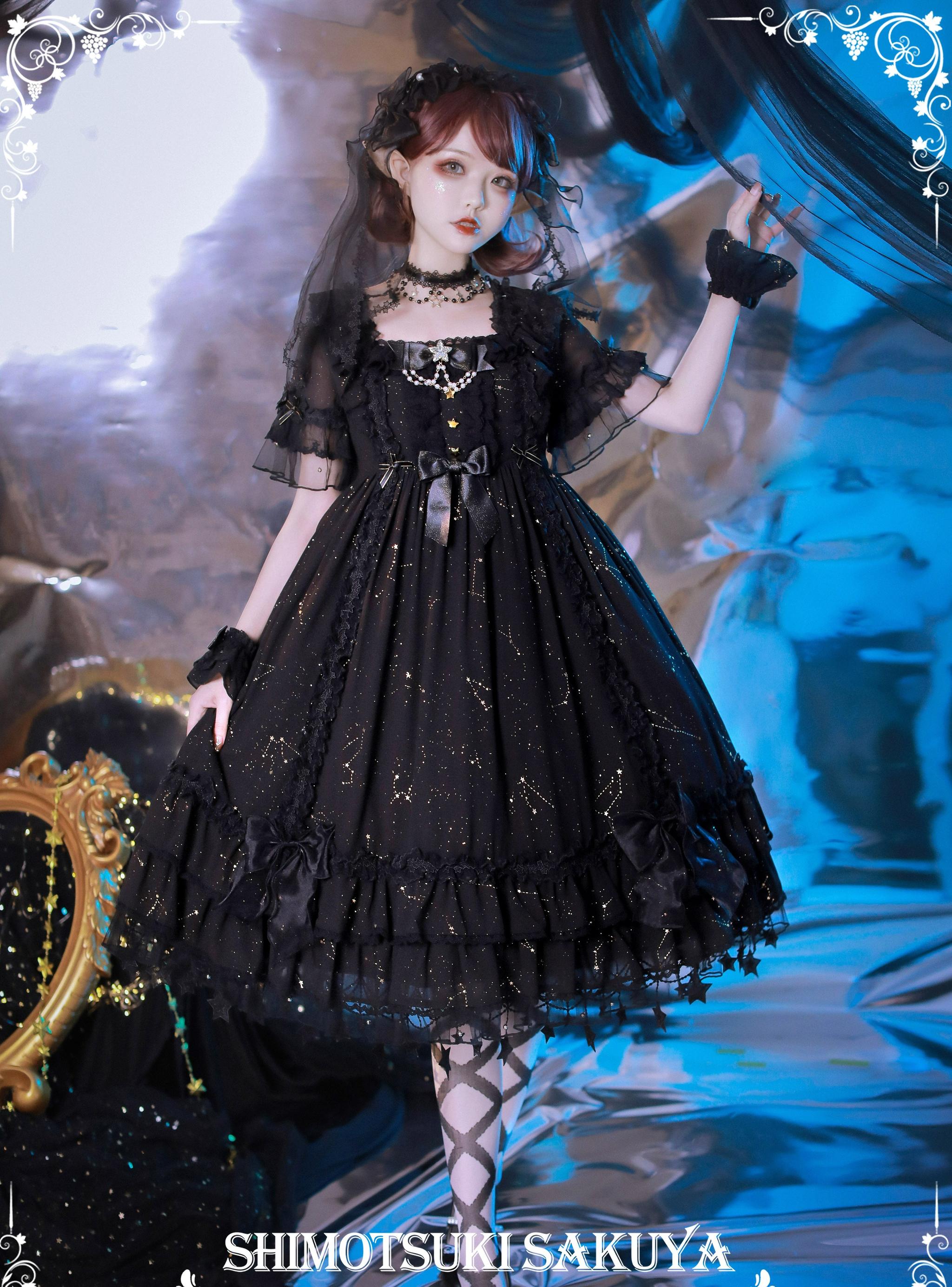 Whisper of Stars - Vintage Lolita Black OP Dress, Constellation-Themed 4556:632512