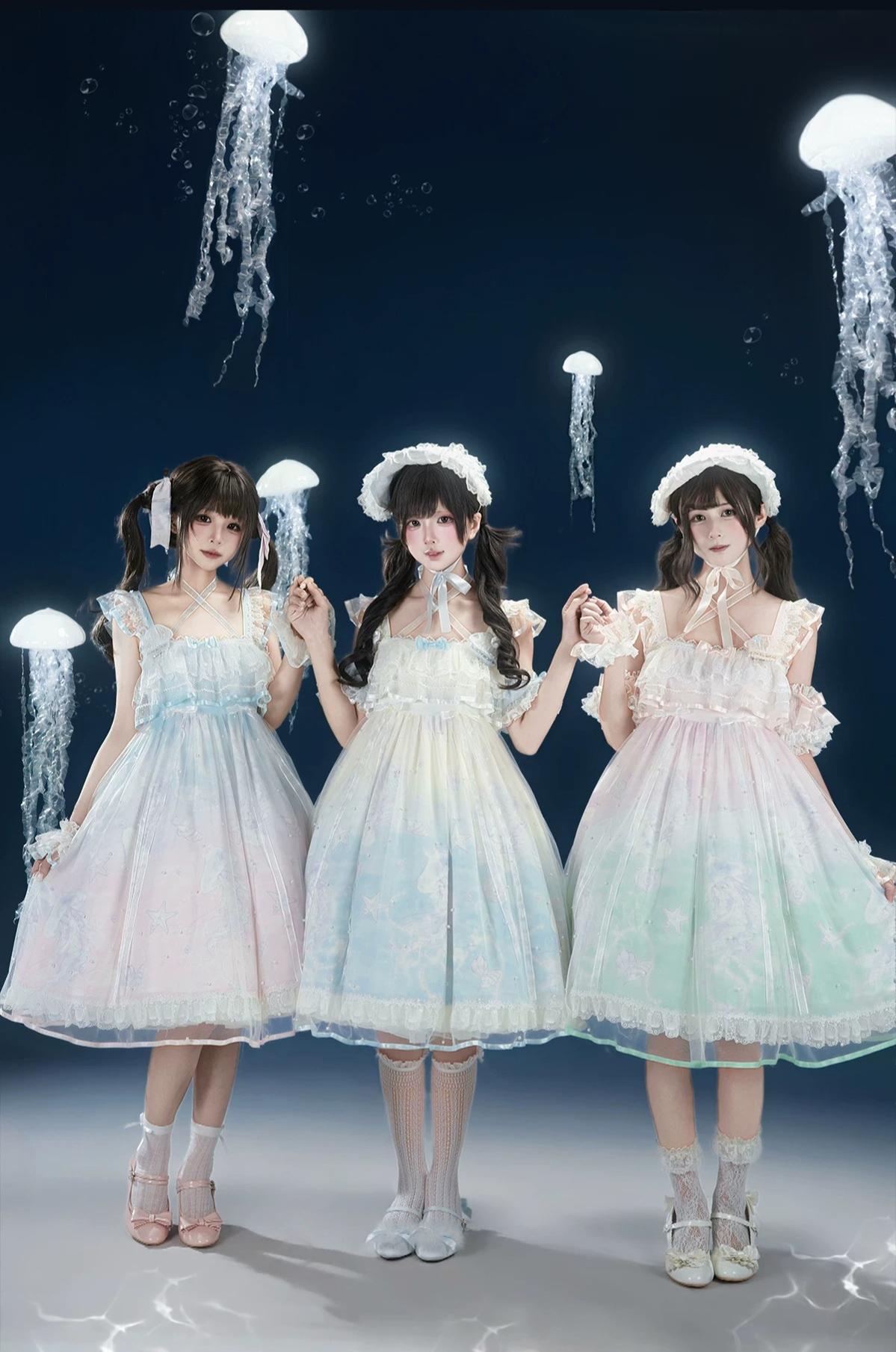 Windchime Jellyfish - Sweet Lolita Halter Neck JSK Dress, Jellyfish Print & Overlay 45756:861322