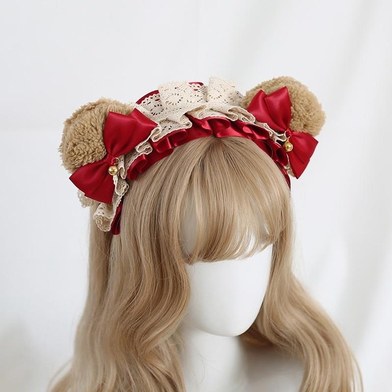 Xiaogui - Sweet Lolita KC With Bear Ear and Removable Bell Brown Bear Ears (Dark Red Bow)