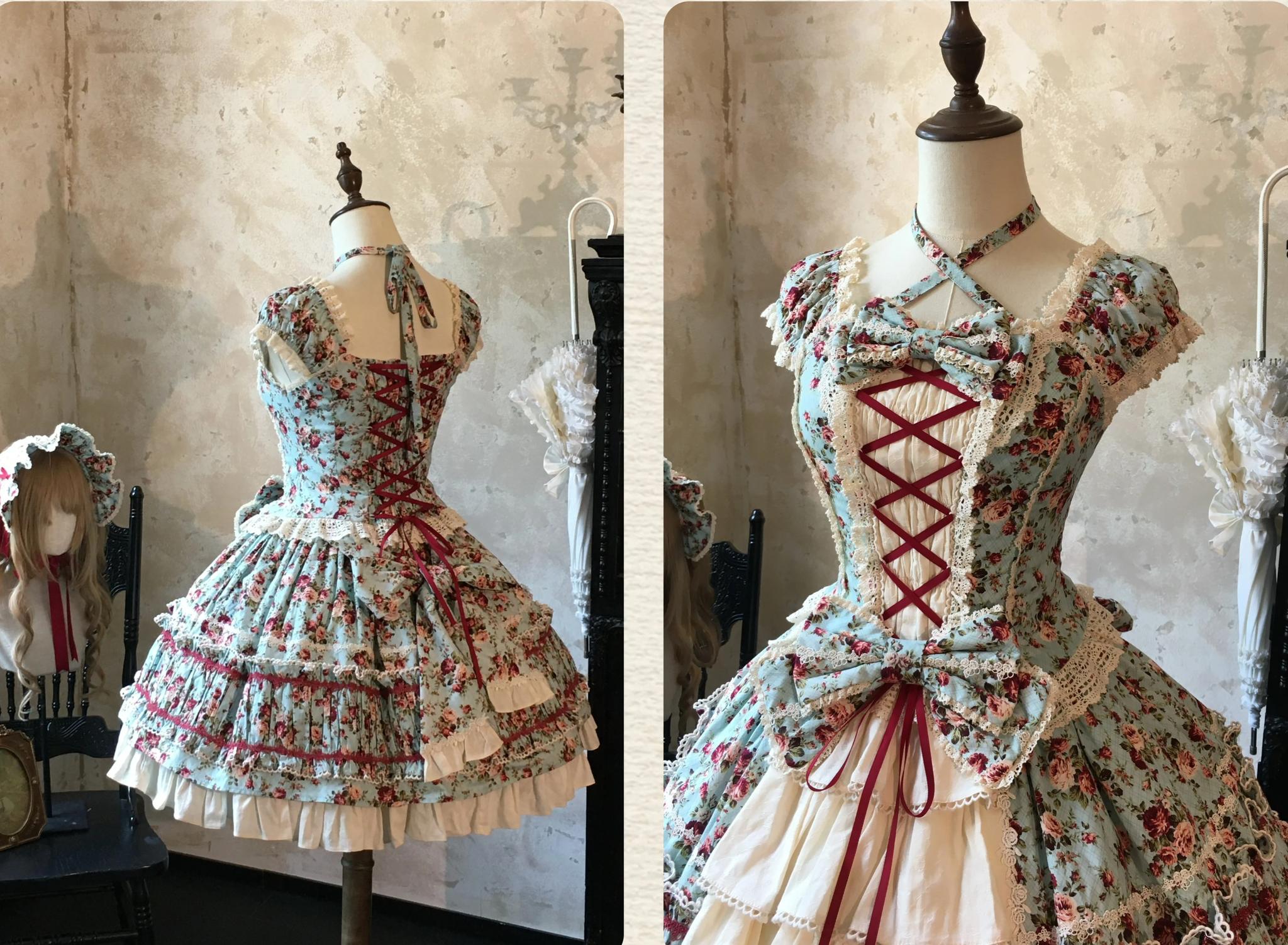 Old Rose Garden - Cotton Old School Lolita Top & Skirt Set, Floral Print 45886:866550