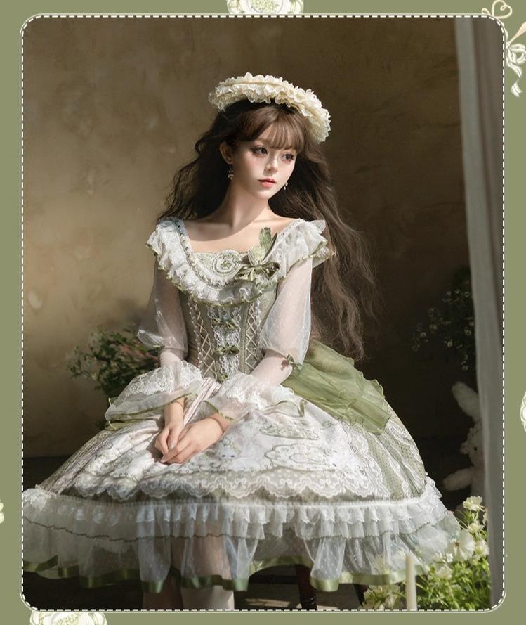 YingLuoFu - Teacup Bunny - Classic Lolita OP Dress, Fresh Green Floral Print 43263:783859