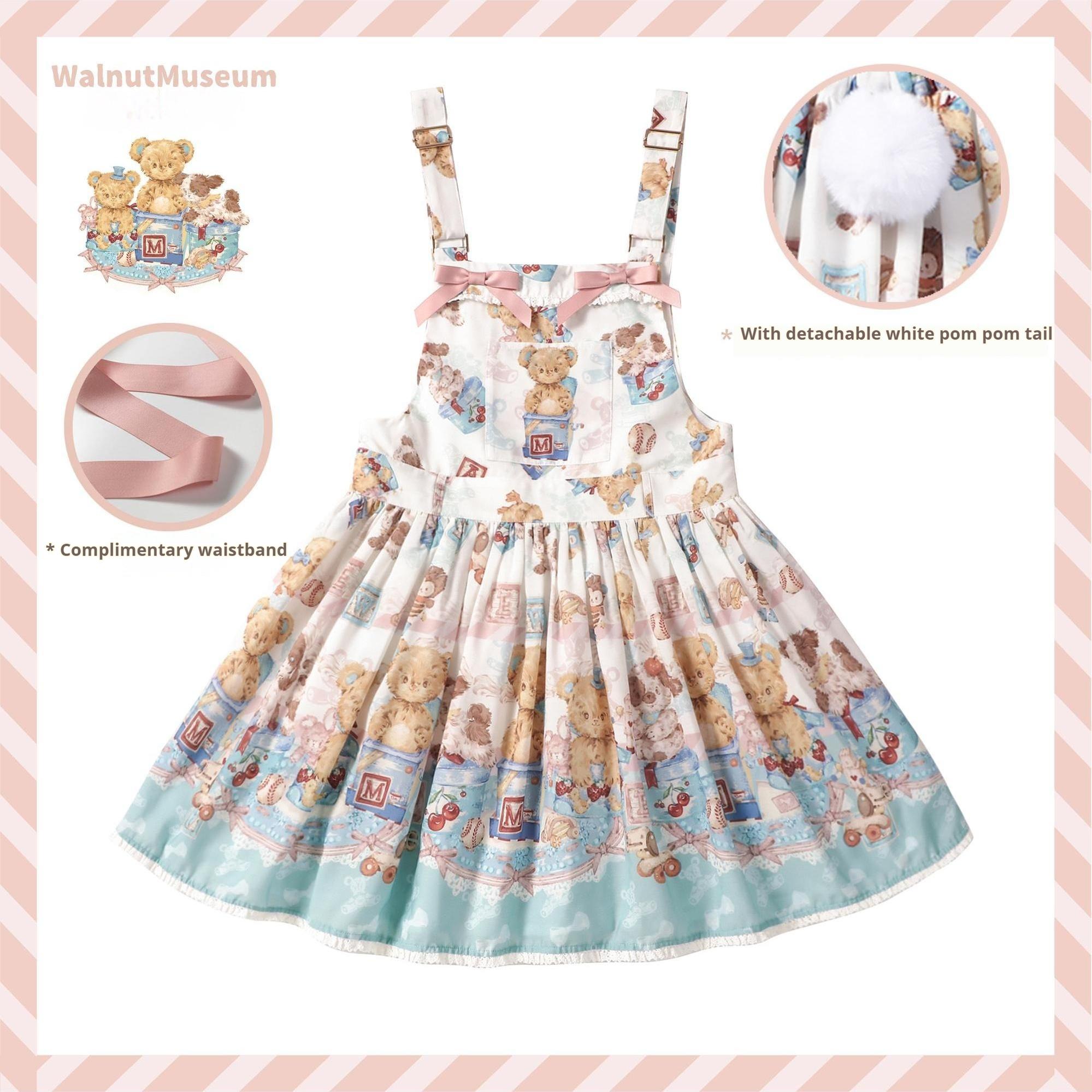 Walnut Museum - Toy Anniversary - Kawaii Lolita Dress Suit Bear Print JSK and Salopette Milky White Salopette S
