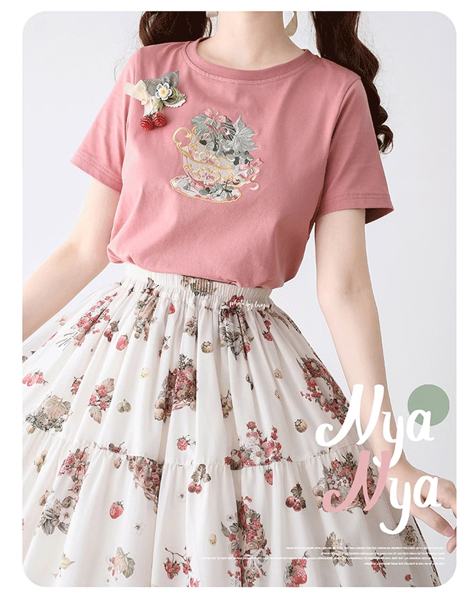 NyaNya - Four Seasons Collection - Sweet Lolita T-shirt Summer Loose Fit Embroidered T-shirt
