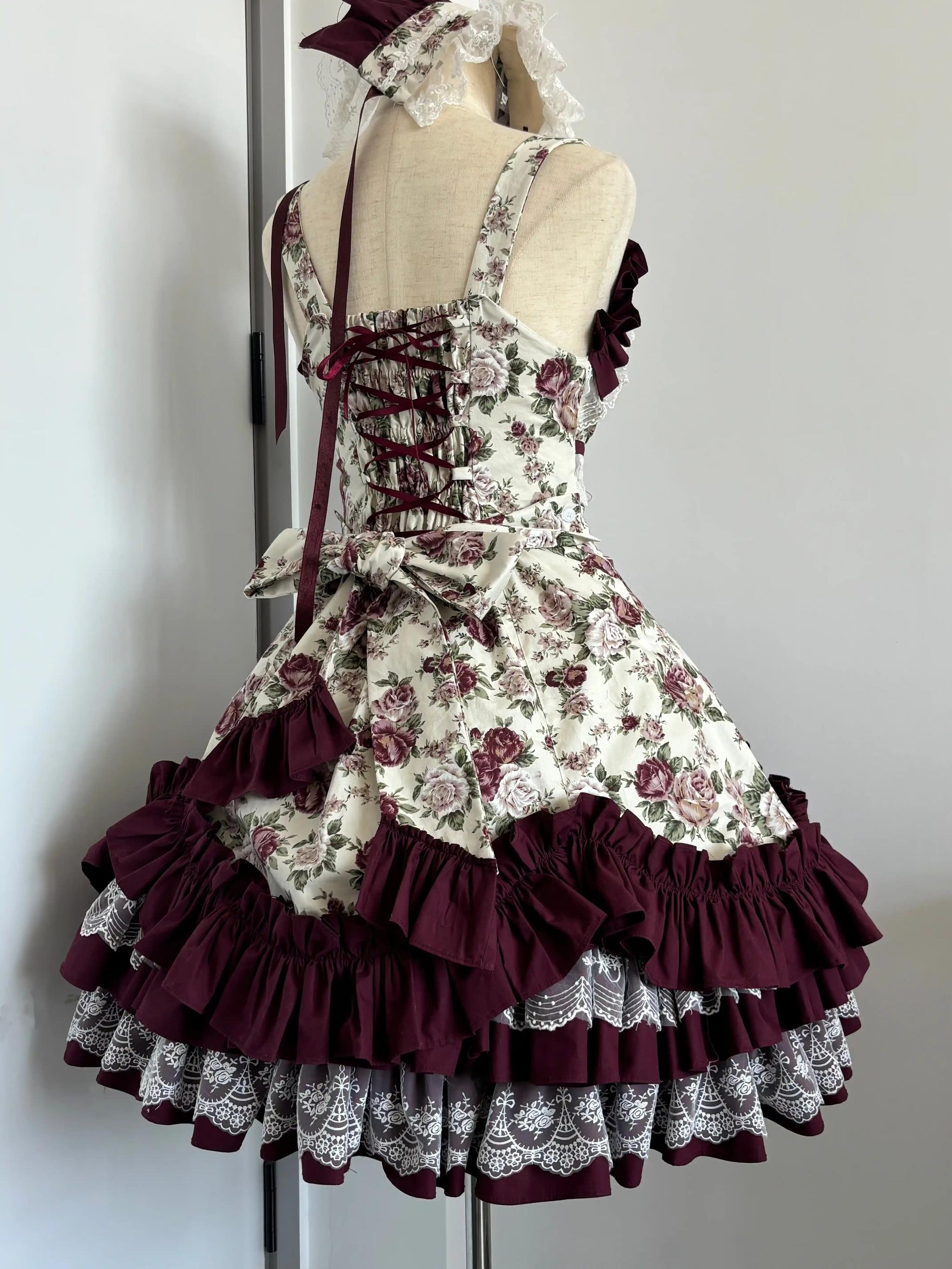 TaTaTa Lolita - Burgundy Rose - Floral Printed Old School Lolita JSK, Elegant Cape