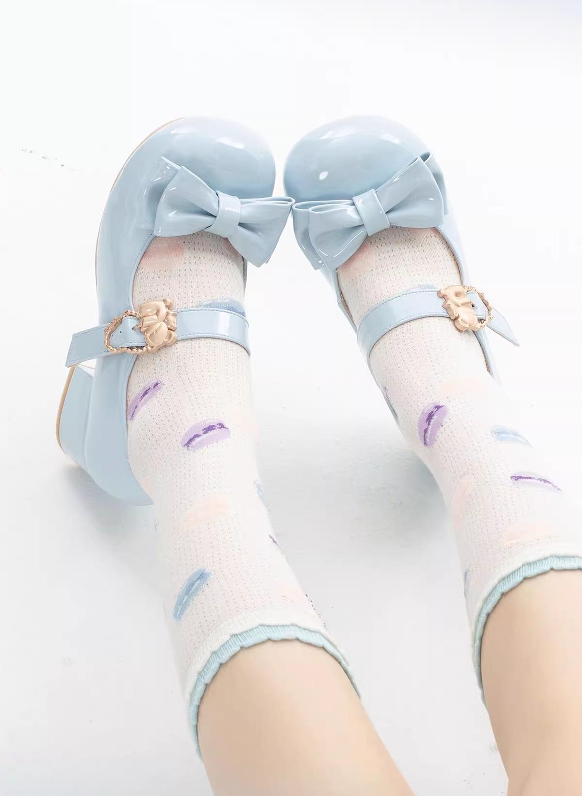 Sheep Puff~Hug Bear~Sweet Lolita Heel Shoes Bear Metal Buckle Bow Shoes 38702:597600
