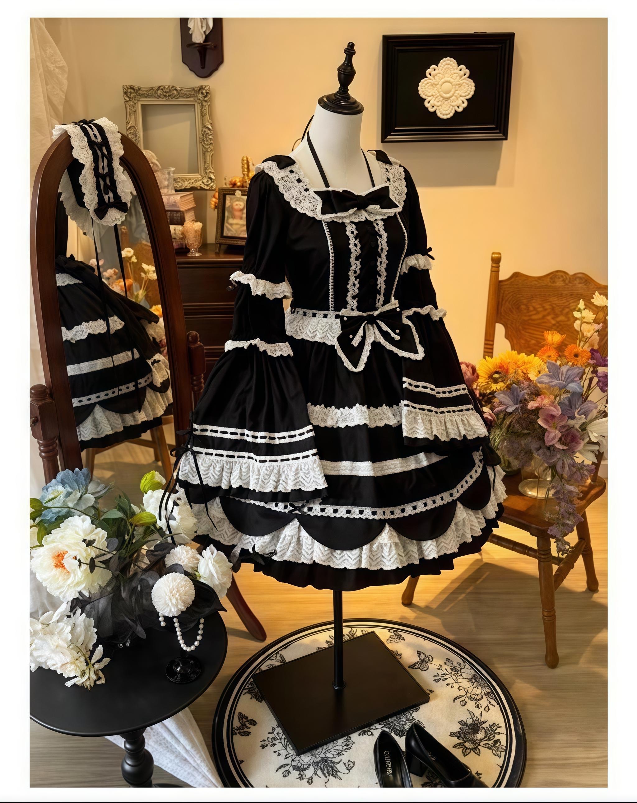 AerialCat~Cream Petals~Old School Lolita OP Tiered Ruffles Cotton Dress 42762:752794