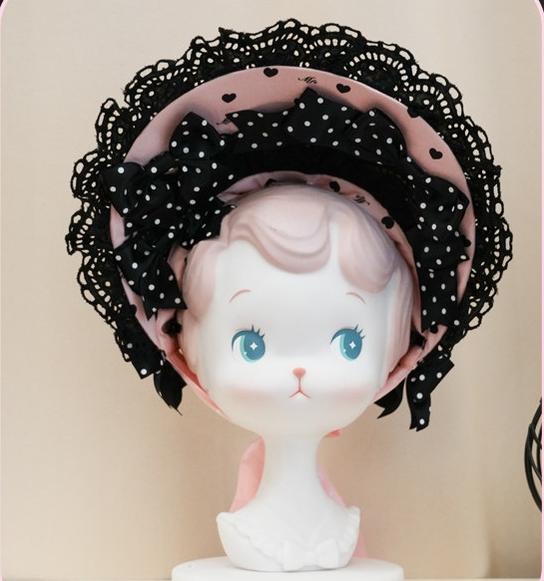 Maiden's Heart Knot - Old School Lolita Polka Dot Bow Accessories with Ruffles Black Pink BNT