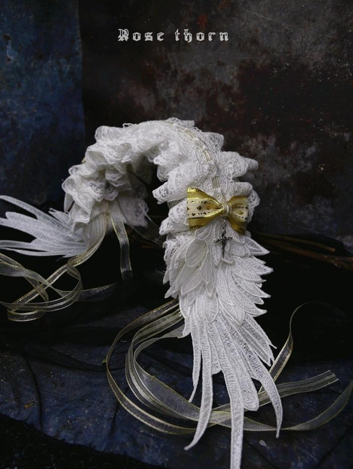 Rose Thorn - Angel Wings - Embroidered Crafted Headband Elegant Lolita Hair Accessories White + gold