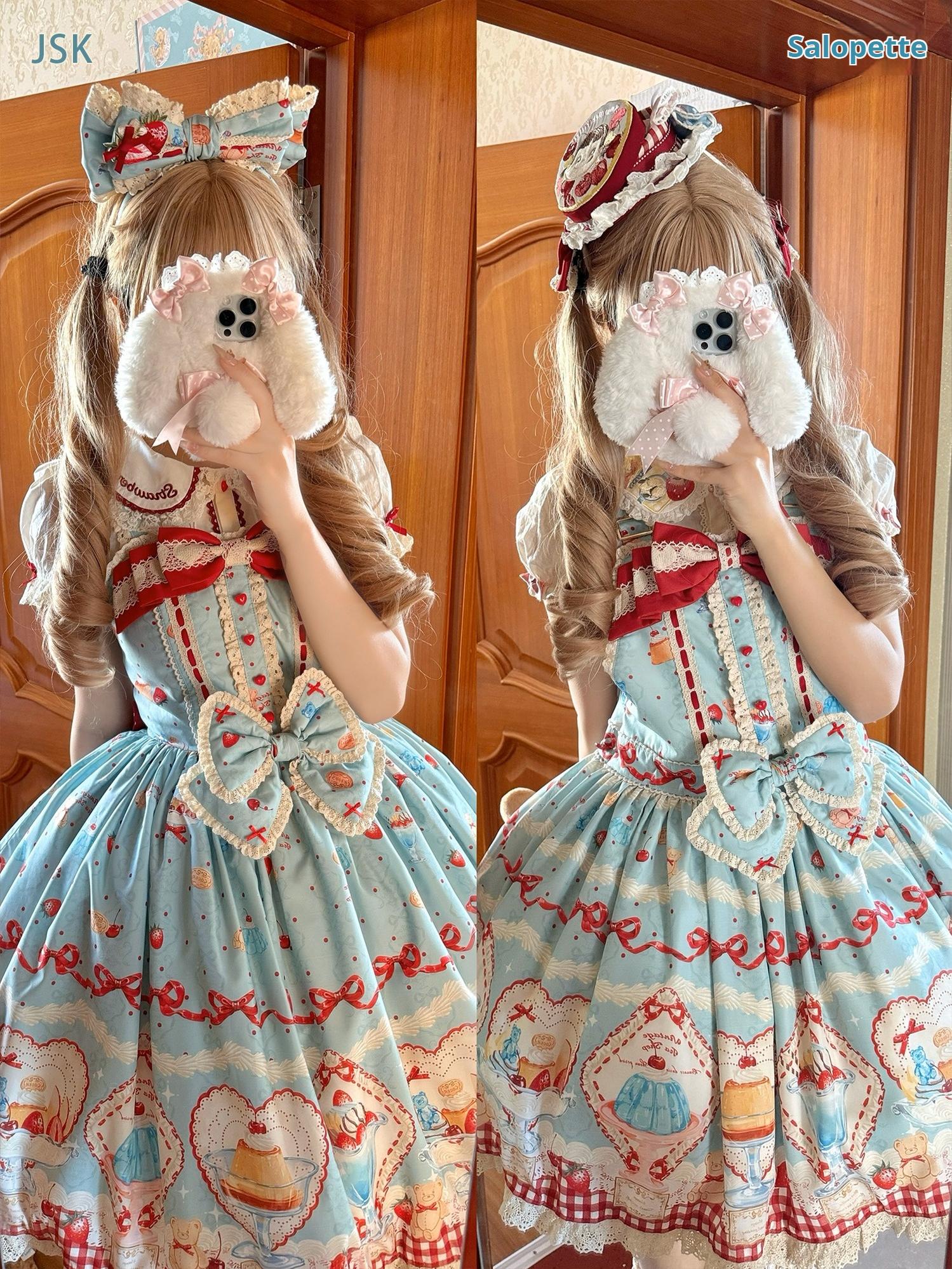 DreamWhale - Showa Dessert Showcase - Kawaii Lolita Dress Suit Pudding-Inspired JSK/Salopette 43200:771624
