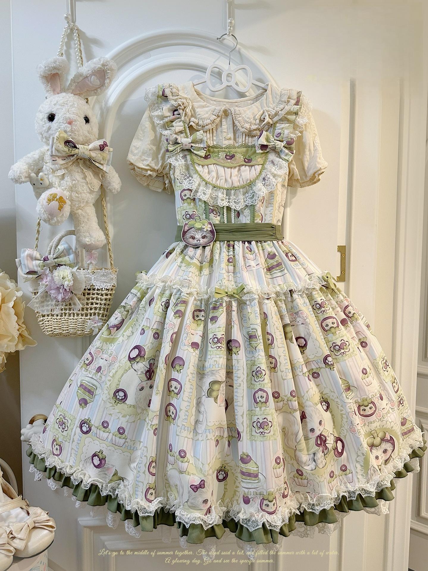Urtto - Mangosteen Cat - Printed Country Lolita JSK, Pocketed Jacket JSK Only S