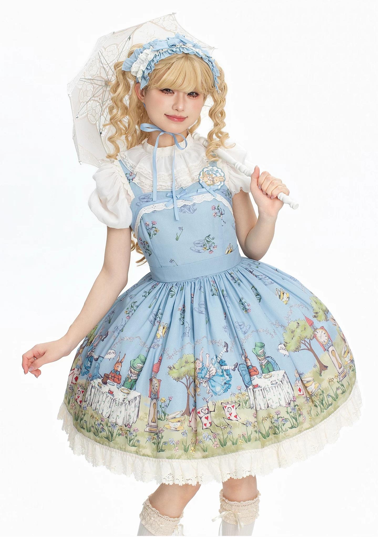 Alice - Sweet Lolita Cotton Lining Dress, Bunny & Clock Print