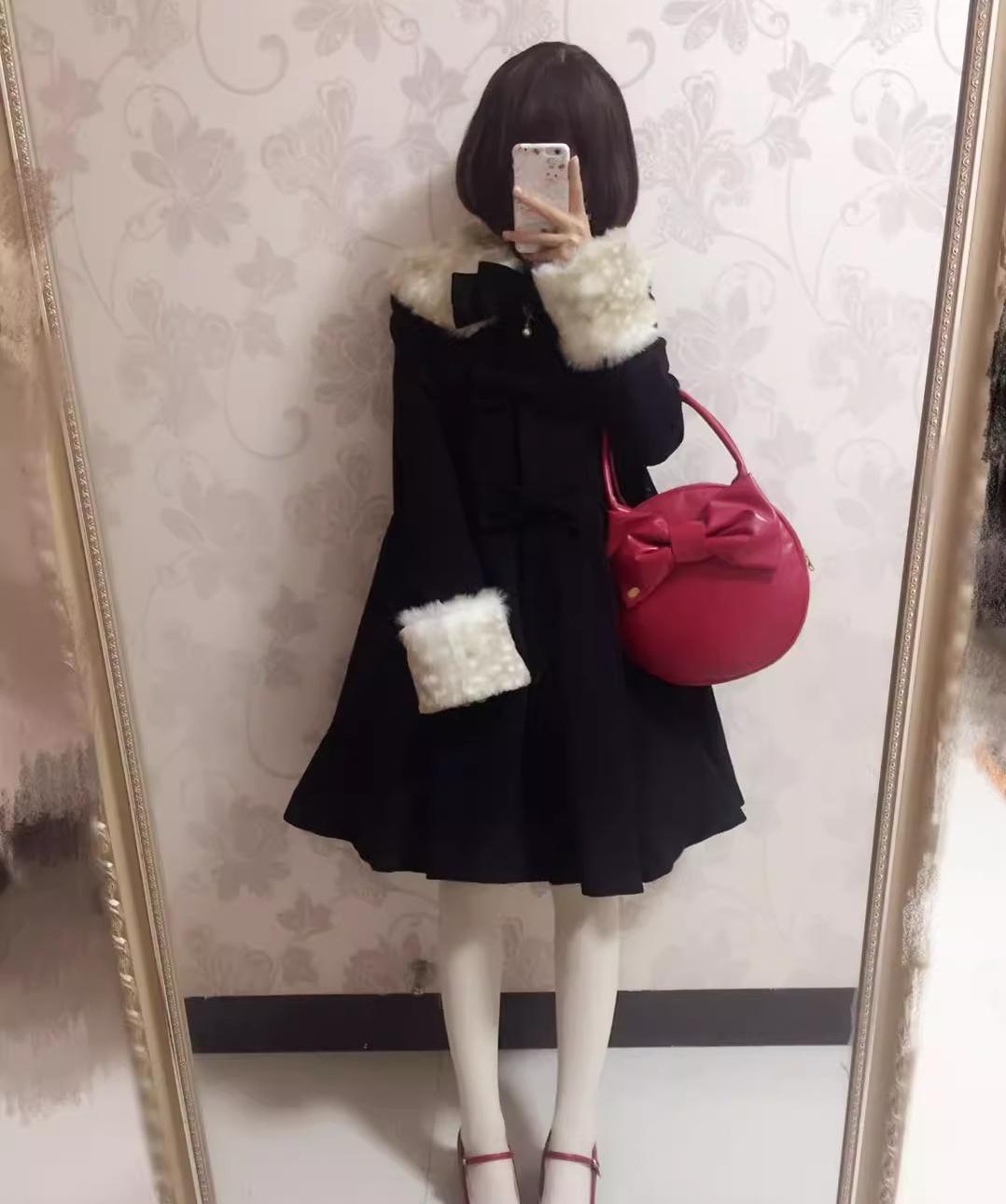 Unideer - Winter Lolita Coat Wool Bow Overcoat S Black
