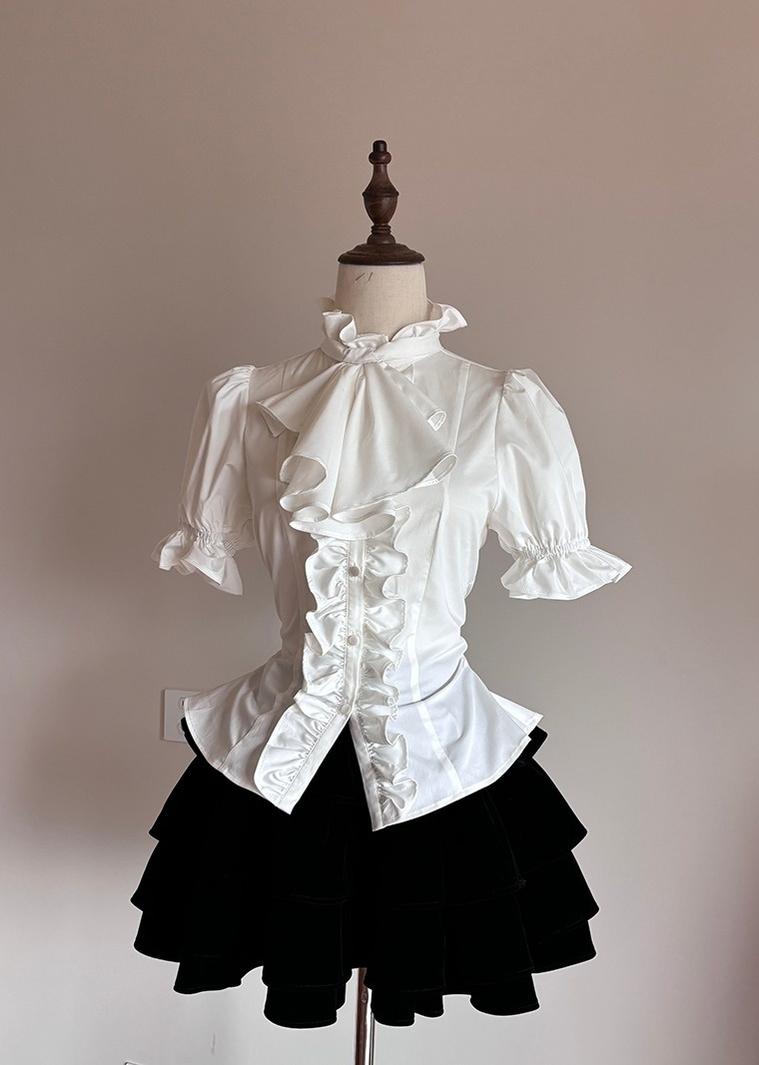 FlowerFairyDaily - Trace Night - Gothic Lolita Short-sleeved Shirt with Adjustable Waist White S