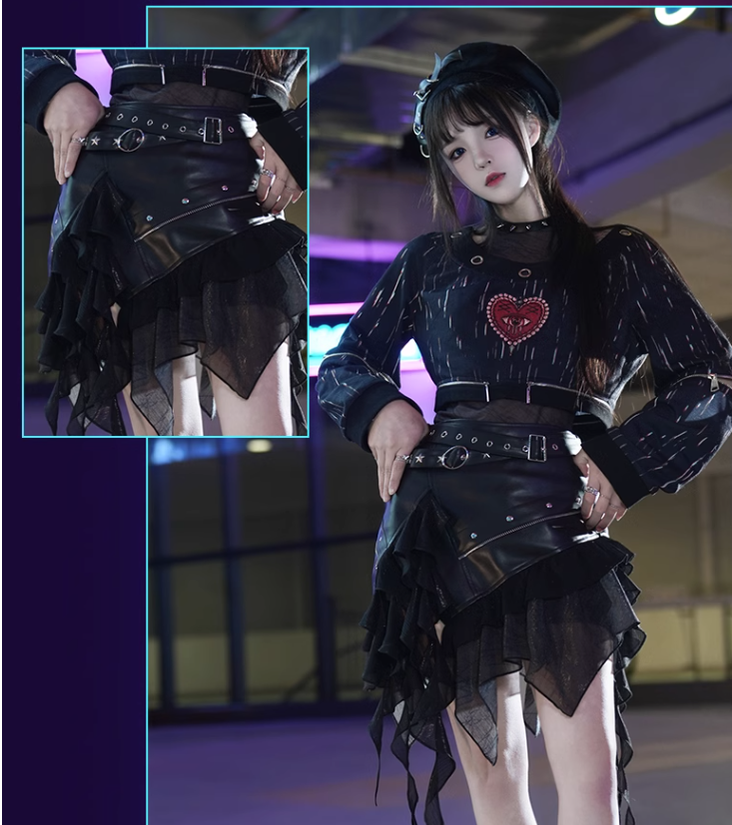 YingLuoFu - Vintage Punk Lolita Heart Pattern Black Skirt Suit