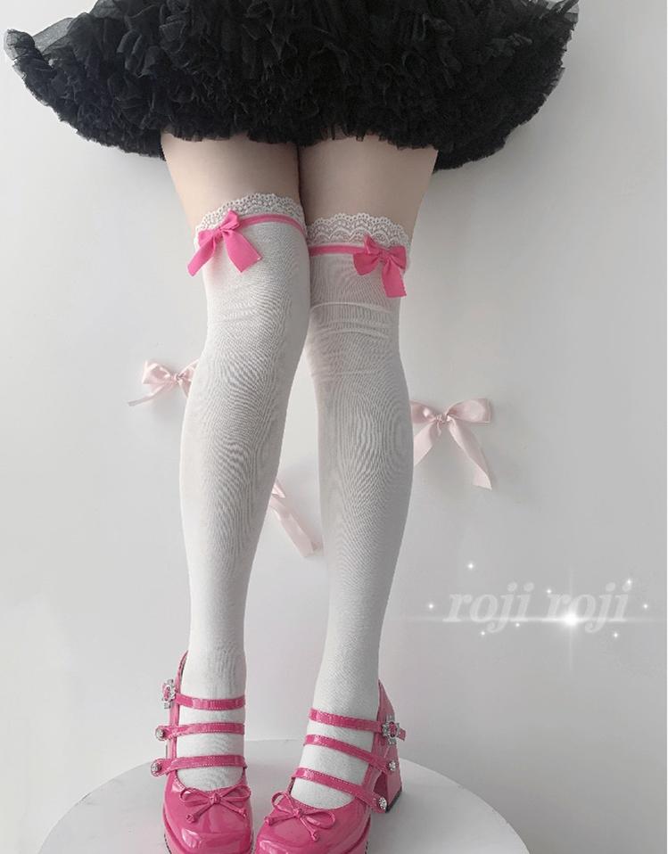 Roji roji - Spring Lolita Socks Mid-calf Socks Over Knee Stockings One Size Rose pink over knee socks