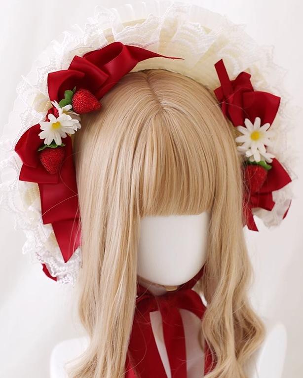 Xiaogui - Sweet Lolita Hat Strawberry Bonnet with Lace and Bow