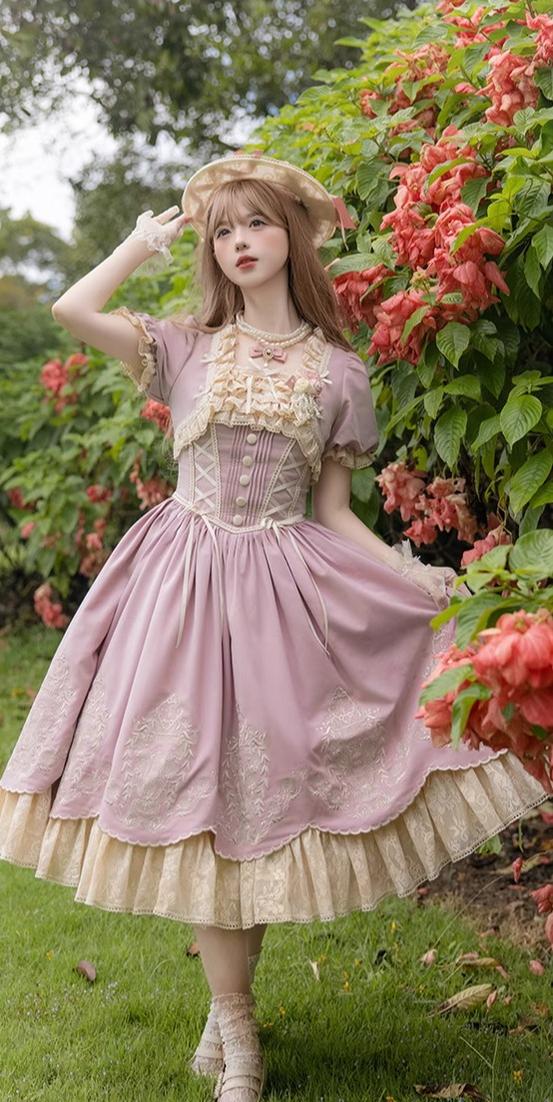 Amber Realm - Dream Strings - Embroidered Classic Lolita OP Dress, Princess Sleeves Pinkish Purple OP Only S