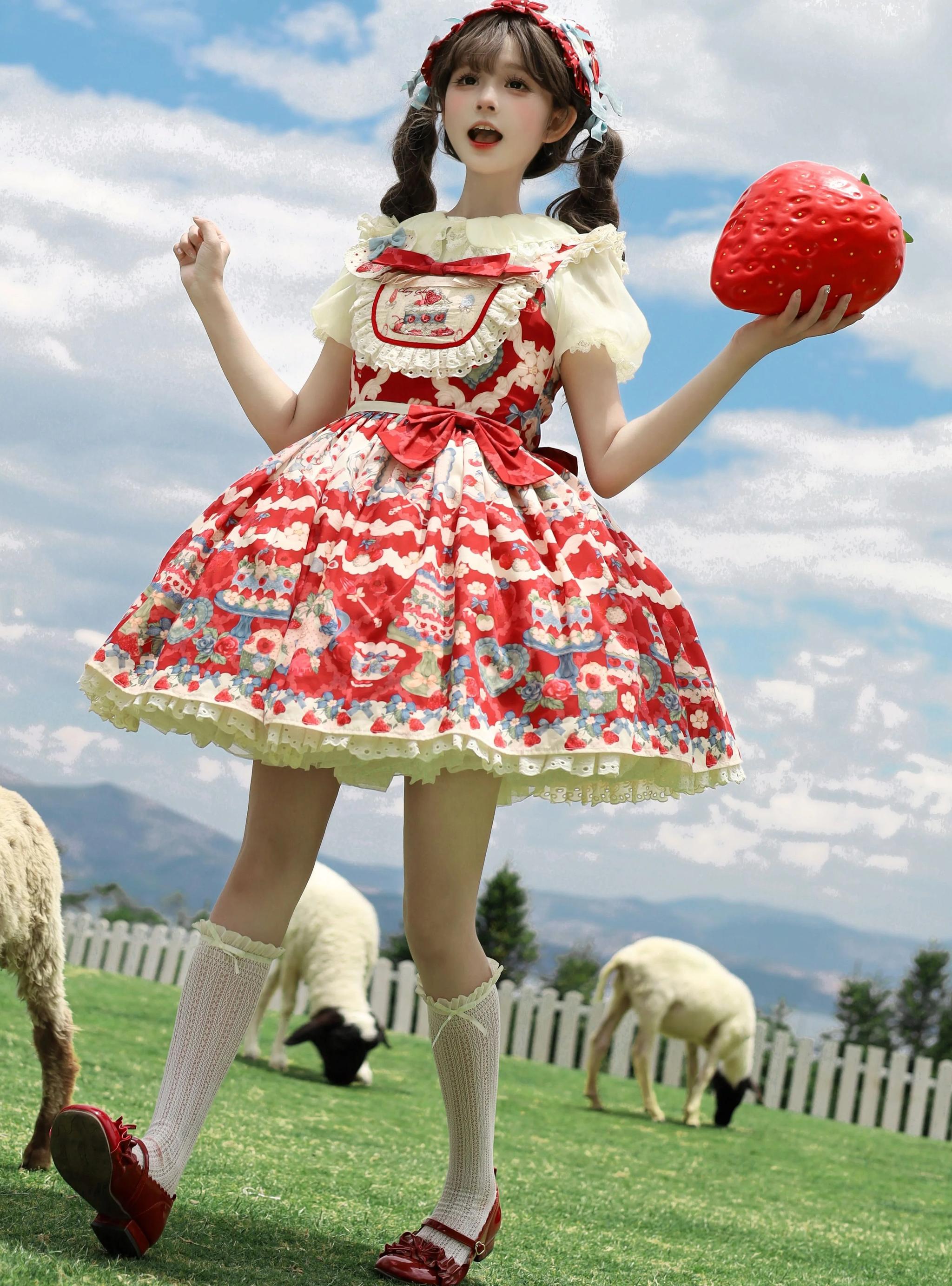 Rose Whispers - Strawberry Tata - Sweet Lolita Dress Suit With Strawberry Cake Print