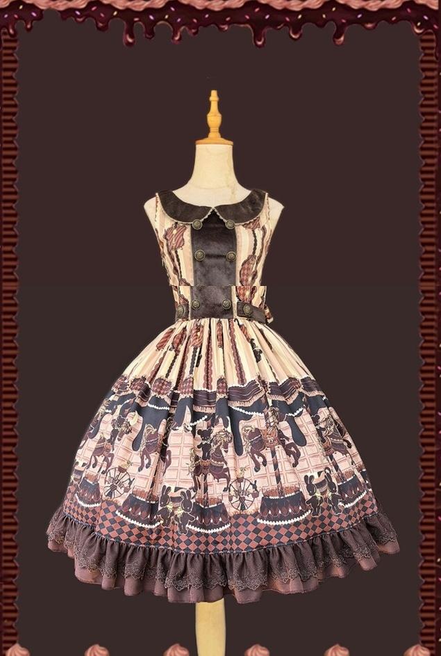 Chocolate Carousel - Peter Pan Collar Old School Lolita JSK Dress, Carousel Print