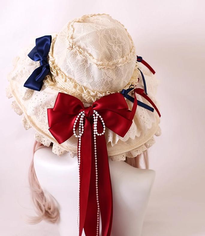 Xiaogui - Elegant Lolita Sunshade Hat Floral Bow Hats One Size. The brim has soft wires that can be shaped. Satin ribbon in Snow White color scheme (lace hat)