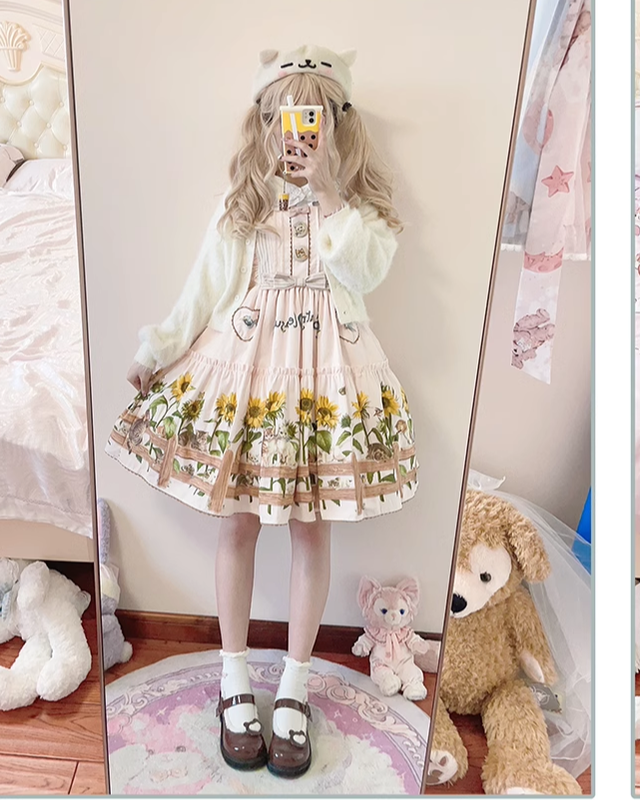 Polaris Lolita - Cat and Sunflower - Sweet Lolita JSK Cat and Sunflower Print Dress and Headdress Set 36738:526444