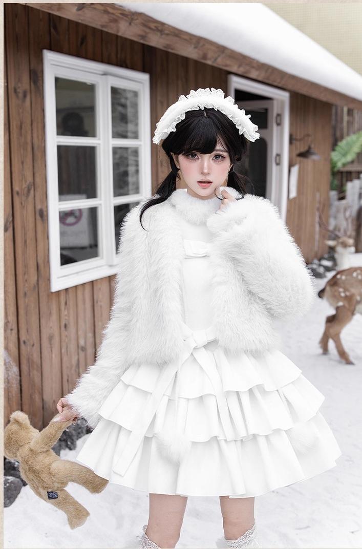 With PUJI - White Choco - Winter Kawaii Lolita JSK Dress Set, Fluffy Accents 44246:801135