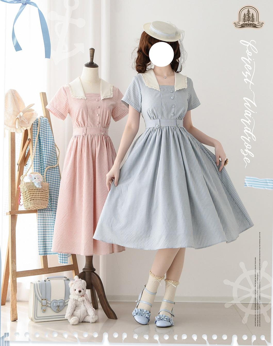 Endless Forest - Summer Striped Classic Lolita OP Dress, Short Sleeve