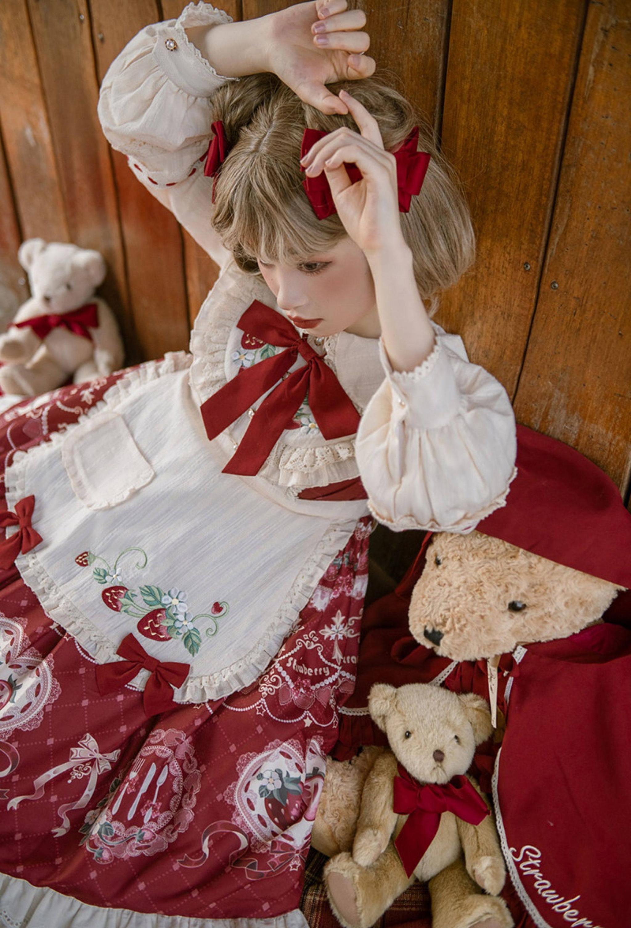 Strawberry Diary - Sweet Lolita Strawberry Print OP Dress with Cape