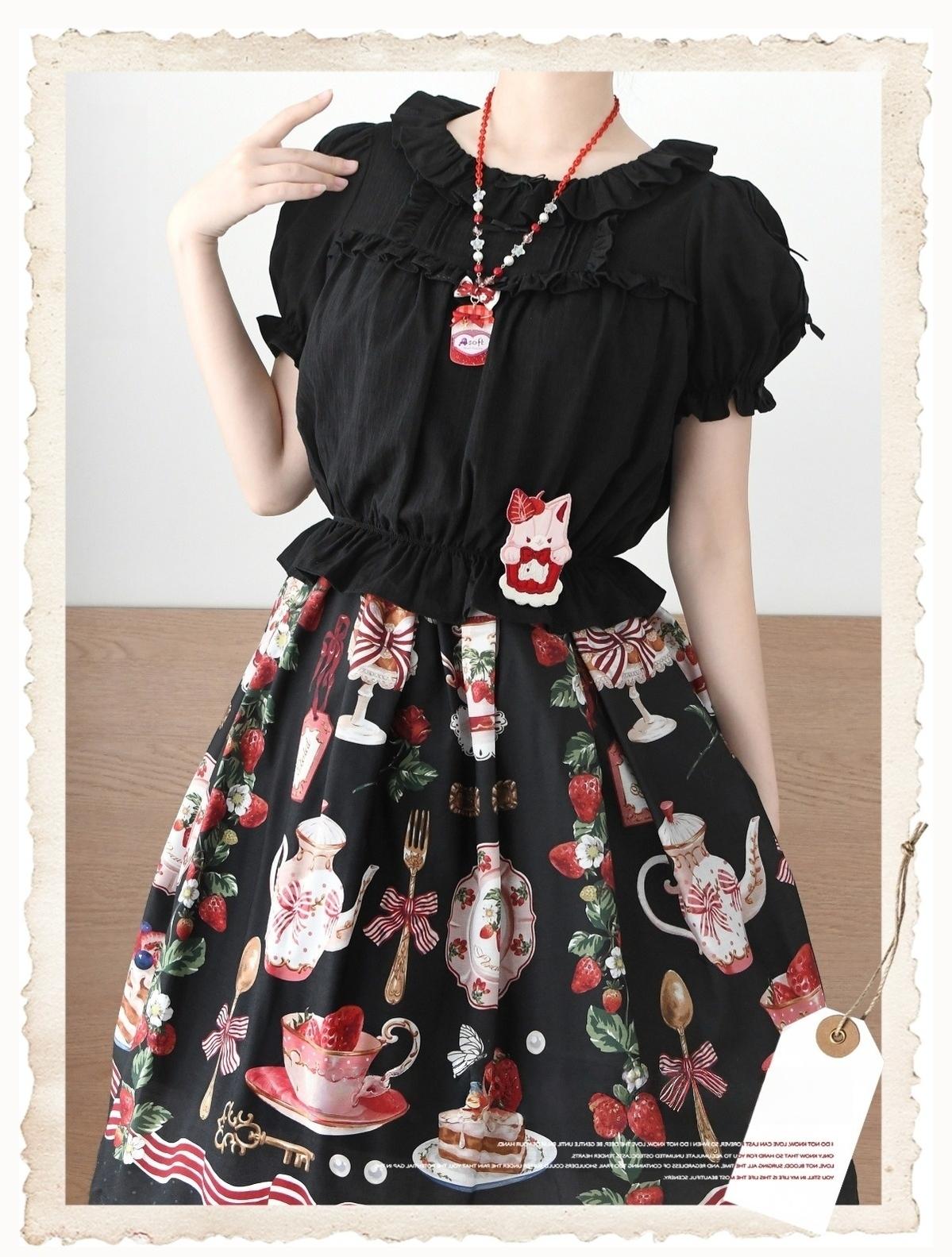 Sakurada Fawn - Fluffy Clouds - Cotton Plus Size Lolita Blouse Muti-Colored Shirt Black blouse only (without any accessory) M
