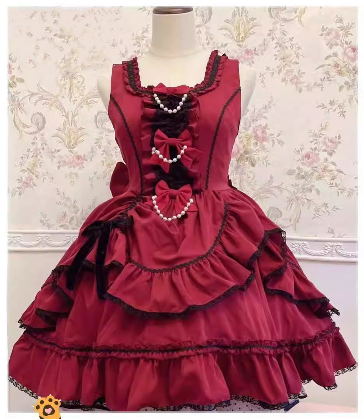 Catlow Rabbit - Black Lolita Doll OP/JSK with Adjustable Elasticity S JSK burgundy (sleeveless)