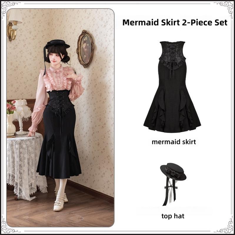 Blake - Boning Gothic Lolita Mermaid Skirt, Lifted-hem SK Mermaid Skirt 2-Piece Set (mermaid skirt + black top hat) - pre order S