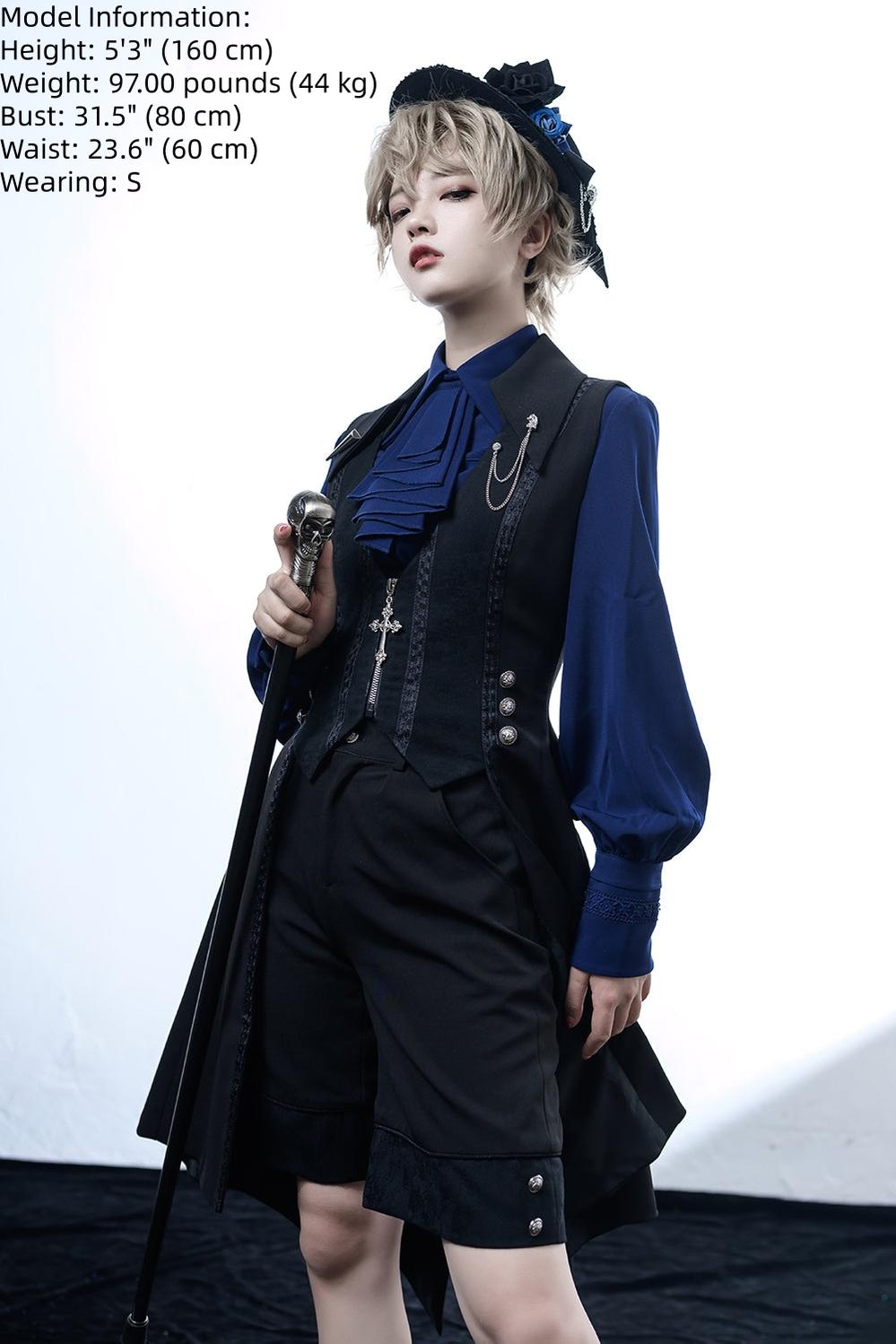 Black and Blue - Retro Ouji Lolita Shirt, Mutton Sleeves 4420:855753