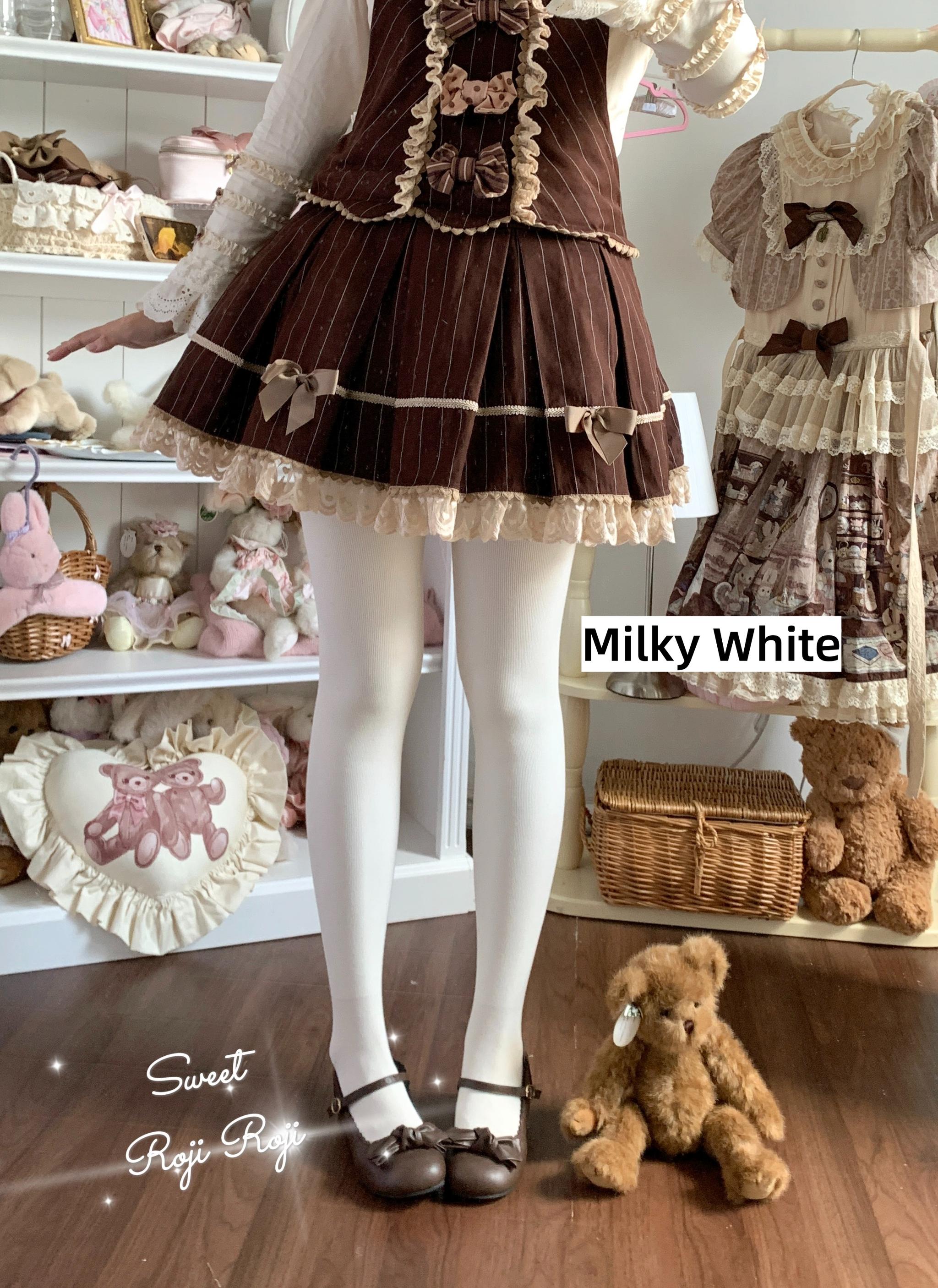 Kawaii Lolita Fleece-Lined Tights, Multiple Colors Milky White (slightly yellowish when flat lay) One Size