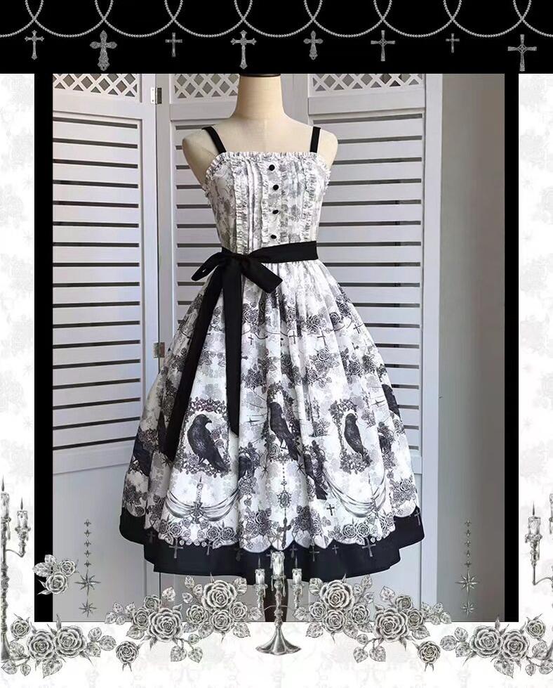 Mystic Crow - Gothic Lolita Crow Printed JSK Dress with Adjustable Straps