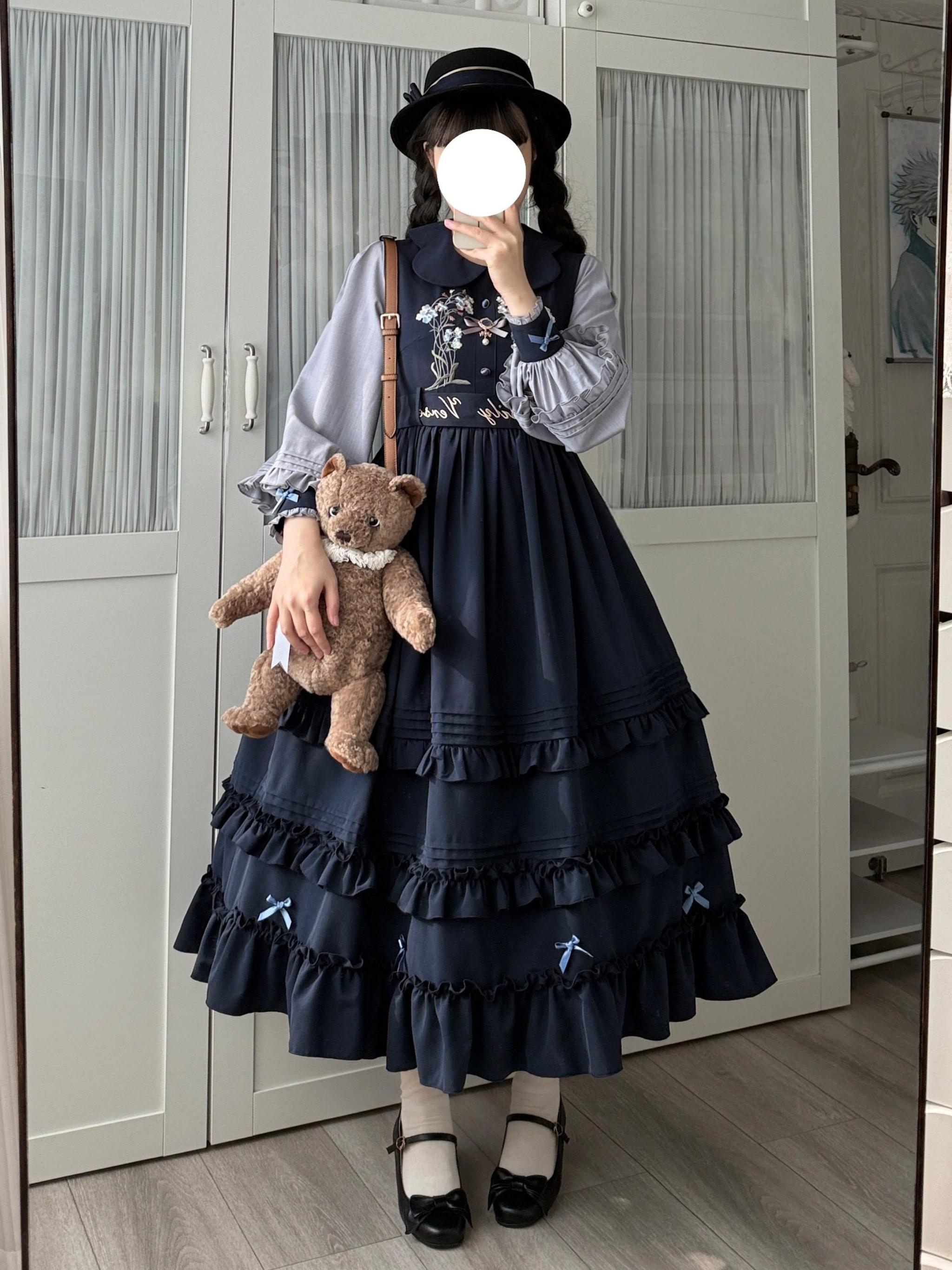 Verdant Name - High-waisted Classic Lolita Dress, Embroidered Bellflower Navy Blue Dress Only S