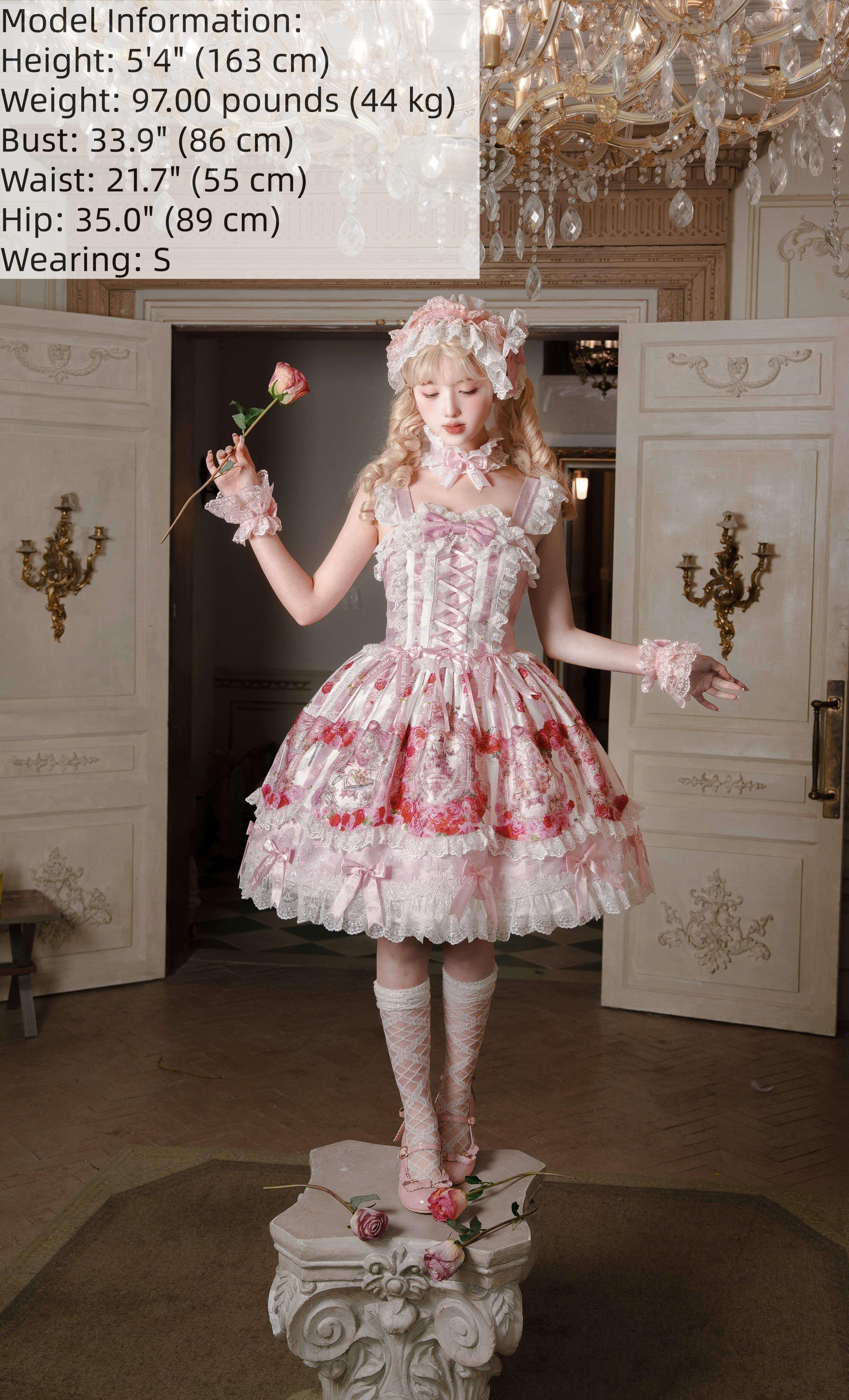 Rose Dream Isle - Sweet Lolita Rose Wall Print Dress, Embroidery & Bows