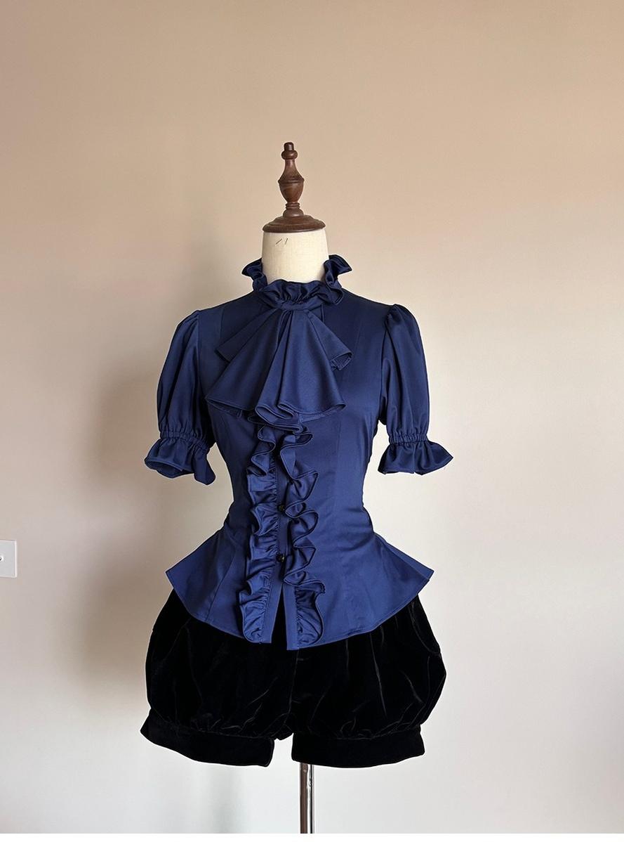 FlowerFairyDaily - Trace Night - Gothic Lolita Short-sleeved Shirt with Adjustable Waist Dark Blue S