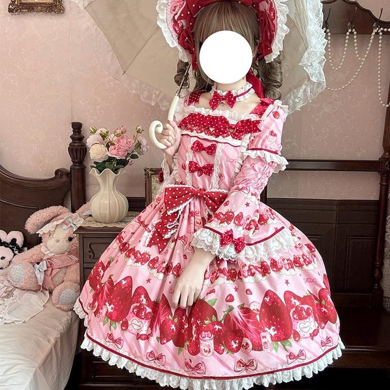 Strawberry Gift Box - Sweet Lolita OP Dress, Strawberry & Polka Dot Print