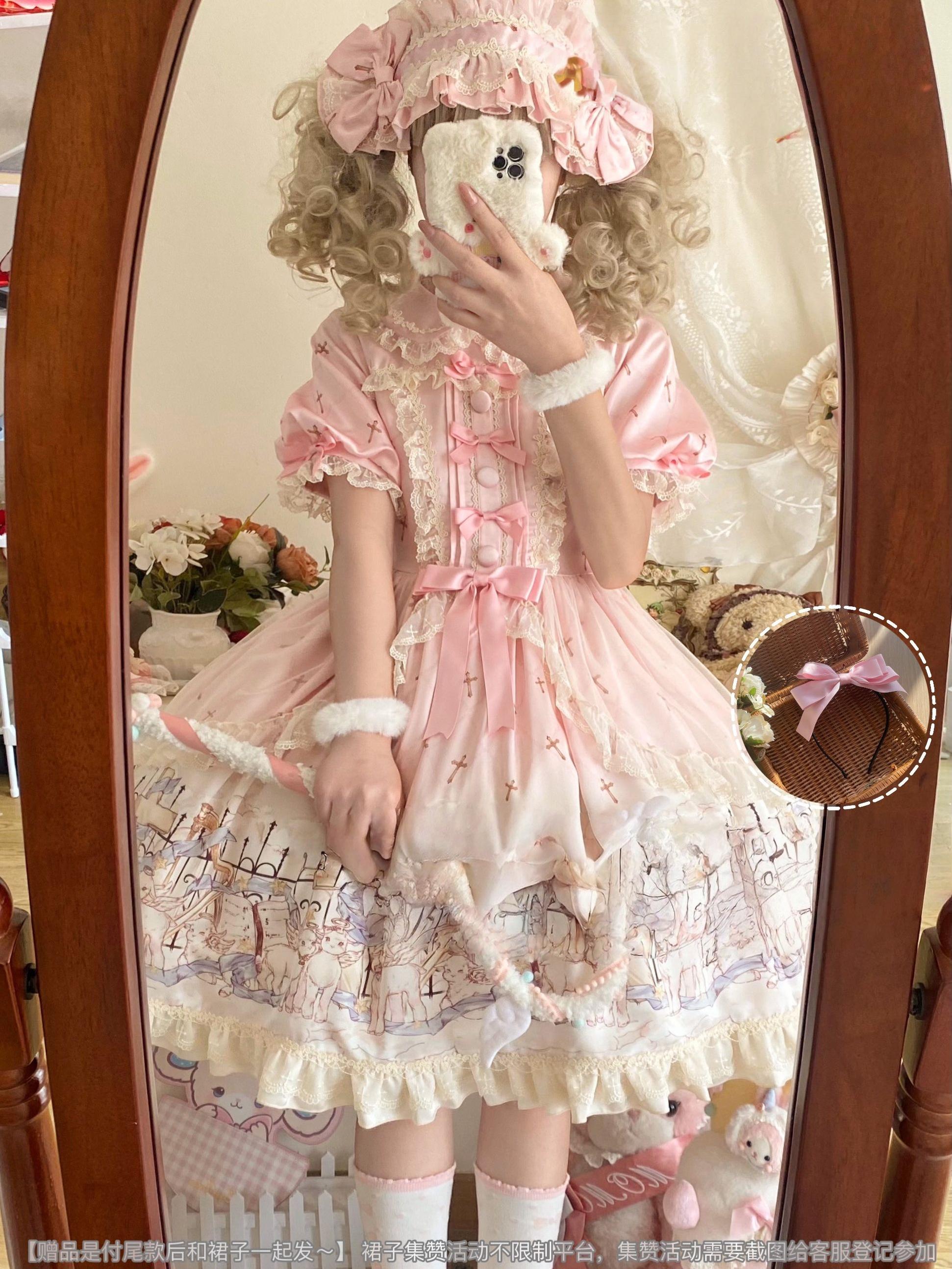 Uncle's Workshop - Angel Lamb - Kawaii Lolita Dress With Side Pockets, Lamb Print Pink OP Only (with detachable sleeves) S