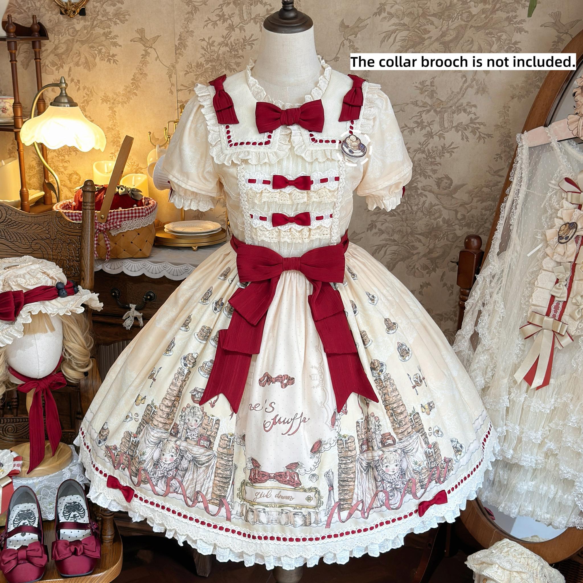 Pancake Postman - Kawaii Lolita Printed OP & Salopette Dress, Lace & Bows (L M S XL) 45174:838703
