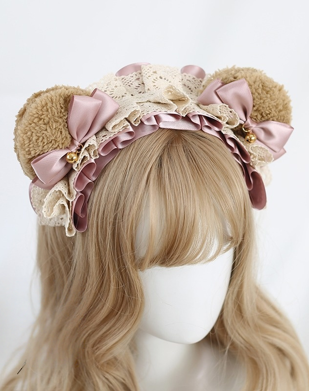 Xiaogui - Sweet Lolita KC With Bear Ear and Removable Bell Brown Bear Ears (Pinkish bean Paste Bow)