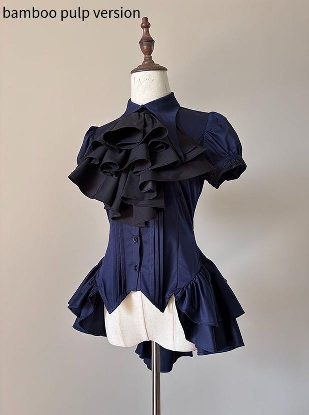 FlowerFairyDaily - Midnight Prayer - Solid Lolita Shirt with Flowing Tiered Back Hem 43006:769756