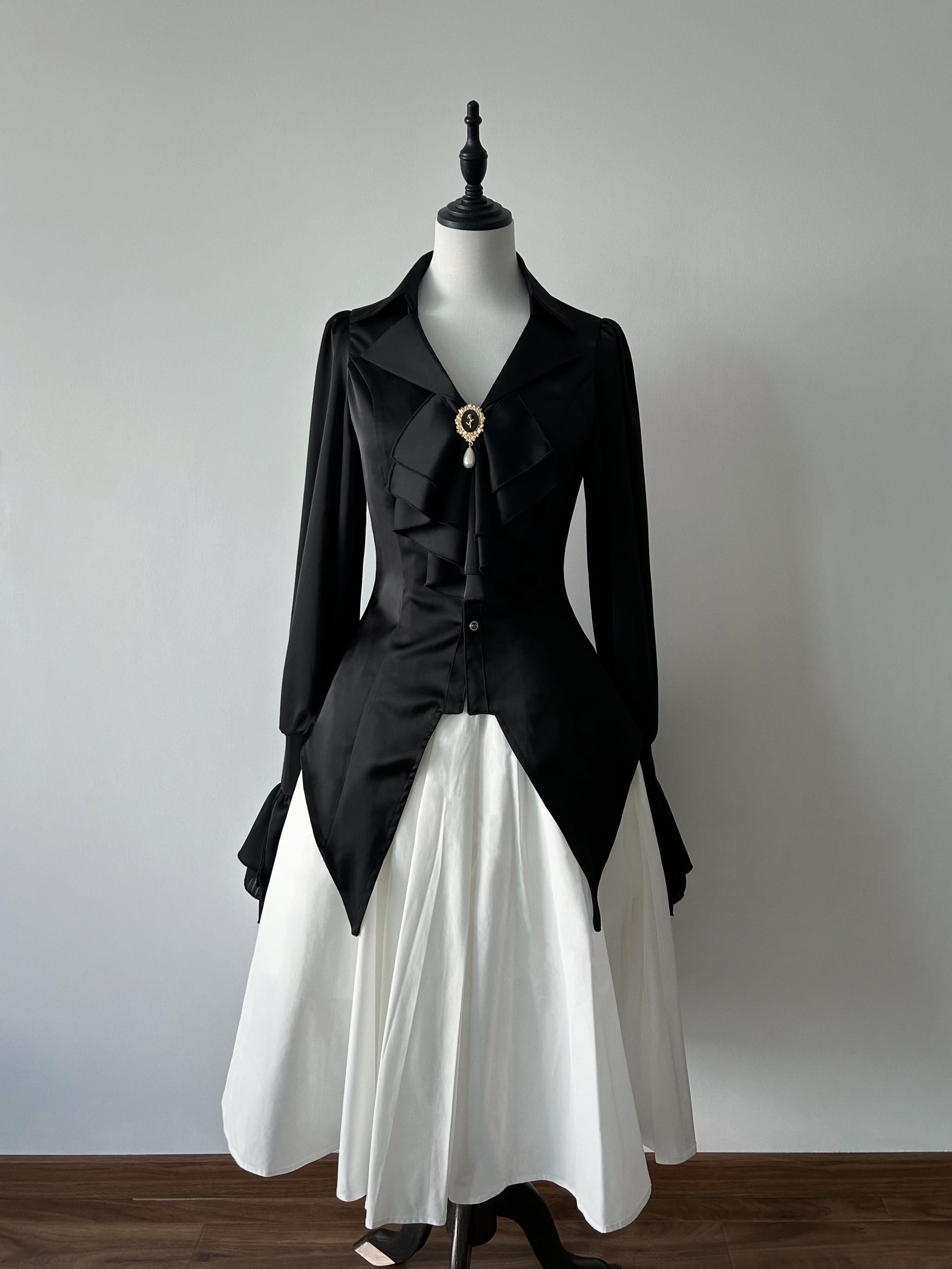 Muppet Mind Ben - Dream - Ouji Lolita Blouse Elegant V-neck Swallowtail Hem Shirt Black blouse only (without jabot) S