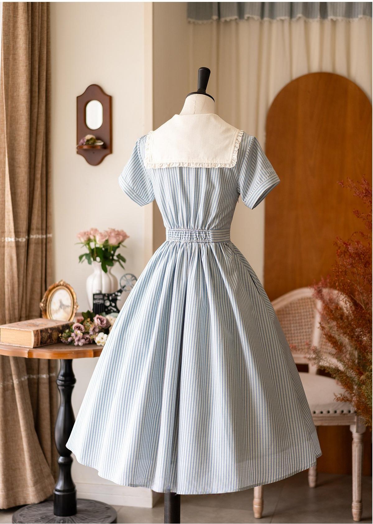 Endless Forest - Summer Striped Classic Lolita OP Dress, Short Sleeve