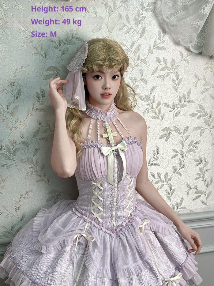 Alice Girl - Cross Maiden - Gothic Lolita Purple JSK Dress With Cross Halterneck & Voile Overlay