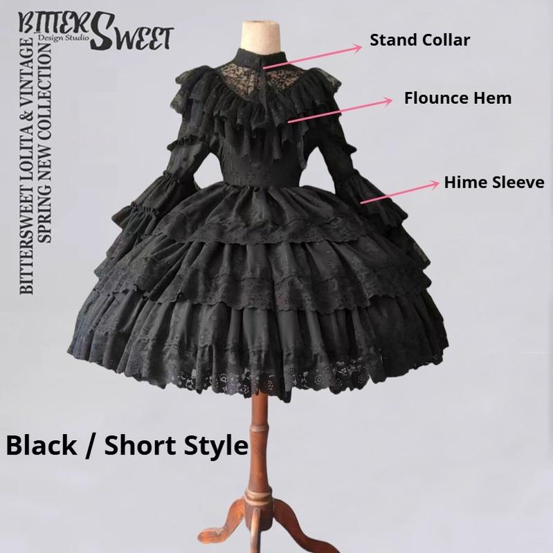 Teddy Bear - Halloween Gothic Wedding Lolita OP Dress Black - Short Style (stand collar) S