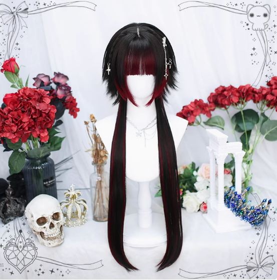 Dalao Home - Moon Night - Lolita Highlights Bang Short Wigs Black-red(distributed wig)